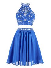 Amazing Mini Length Blue Prom Evening Gown High-neck Sleeveless Zipper