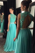 Flirting Scoop Sleeveless Floor Length Beading and Lace Backless Prom Evening Gown with Turquoise