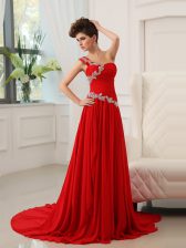  One Shoulder Red Sleeveless Chiffon Sweep Train Zipper Prom Gown for Prom and Party