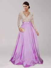  Beading and Belt Prom Gown Lilac Zipper Long Sleeves Floor Length