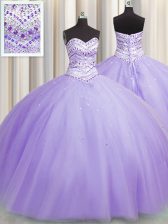 Customized Bling-bling Puffy Skirt Lavender Quinceanera Dress Military Ball and Sweet 16 and Quinceanera with Beading Sweetheart Sleeveless Lace Up