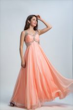  Orange Organza Backless Straps Sleeveless Floor Length Prom Evening Gown Beading
