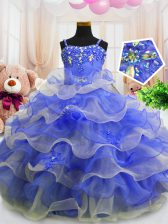 Fashionable Beading and Ruffled Layers Little Girls Pageant Gowns Blue Zipper Sleeveless Floor Length