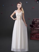  White Chiffon Zipper V-neck Sleeveless Floor Length Quinceanera Court of Honor Dress Lace and Appliques and Bowknot