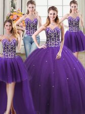 Traditional Four Piece Ball Gowns Quince Ball Gowns Purple Sweetheart Tulle Sleeveless Floor Length Lace Up