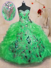 Luxurious Green Ball Gowns Beading and Appliques and Ruffles Sweet 16 Dress Zipper Organza Sleeveless Floor Length