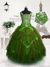  Olive Green Sleeveless Tulle Lace Up Little Girls Pageant Dress for Party and Wedding Party