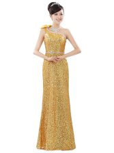 Excellent One Shoulder Gold Column/Sheath Beading and Sequins Prom Party Dress Zipper Sequined Sleeveless Floor Length
