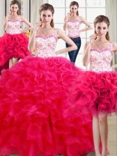 Artistic Four Piece Straps Hot Pink Sleeveless Floor Length Beading and Ruffles Lace Up 15 Quinceanera Dress