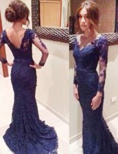  Mermaid Lace Navy Blue Prom Gown V-neck Long Sleeves Court Train Backless