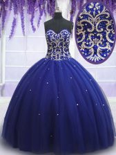 Inexpensive Royal Blue Sleeveless Beading Floor Length 15th Birthday Dress