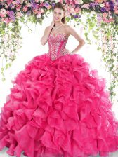 Popular Lace Up Quince Ball Gowns Hot Pink for Military Ball and Sweet 16 and Quinceanera with Beading and Ruffles Sweep Train