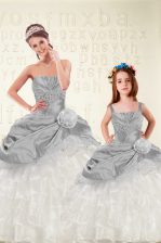 Fashion Sweetheart Sleeveless Organza and Taffeta Vestidos de Quinceanera Beading and Ruffled Layers and Hand Made Flower Lace Up