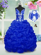  Taffeta V-neck Sleeveless Lace Up Beading and Pick Ups Pageant Gowns For Girls in Royal Blue