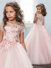 New Style Baby Pink Little Girl Pageant Dress Quinceanera and Wedding Party with Lace and Appliques Scoop Short Sleeves Clasp Handle