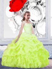 Super Floor Length Lace Up Flower Girl Dresses Light Yellow for Party and Wedding Party with Beading and Ruffles and Pick Ups