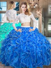  Royal Blue Sweet 16 Dresses Military Ball and Sweet 16 and Quinceanera with Beading and Lace and Ruffles Scoop Long Sleeves Zipper