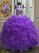 Sweet Purple Scoop Lace Up Beading and Ruffles and Pick Ups 15th Birthday Dress Sleeveless