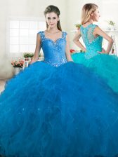  Blue Straps Zipper Beading and Ruffles Ball Gown Prom Dress Sleeveless