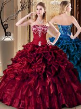  Wine Red Lace Up Quinceanera Dresses Embroidery and Ruffles Sleeveless Floor Length