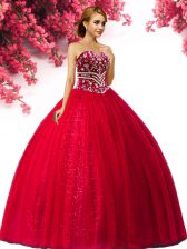  Red Ball Gowns Sweetheart Sleeveless Tulle Floor Length Lace Up Beading Sweet 16 Quinceanera Dress