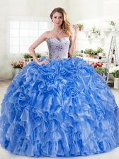 Amazing Floor Length Lace Up Ball Gown Prom Dress Blue for Military Ball and Sweet 16 and Quinceanera with Beading and Ruffles