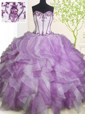 Customized Sleeveless Floor Length Beading and Ruffles Lace Up Quinceanera Gown with White And Purple