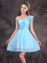  One Shoulder Sleeveless Mini Length Ruffles and Ruching Zipper Dama Dress for Quinceanera with Baby Blue