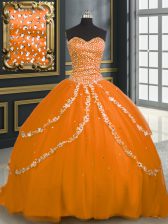 Attractive Orange Sleeveless With Train Beading and Appliques Lace Up Sweet 16 Dress