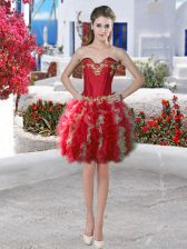 Simple Sweetheart Sleeveless Dress for Prom Mini Length Appliques and Ruffles Red Organza