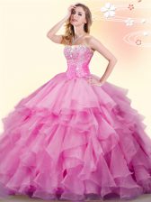 Exceptional Rose Pink Organza Lace Up Sweetheart Sleeveless Floor Length Quinceanera Dresses Beading and Ruffles