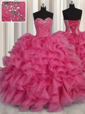  Hot Pink Lace Up 15 Quinceanera Dress Beading and Ruffles Sleeveless Floor Length
