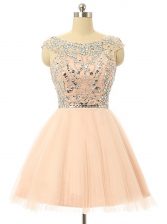 High Quality Peach A-line Tulle Scoop Sleeveless Beading and Sequins Knee Length Zipper Evening Dress