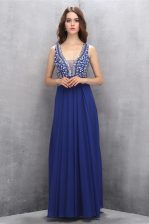  Blue Zipper Evening Dress Beading and Belt Sleeveless Floor Length