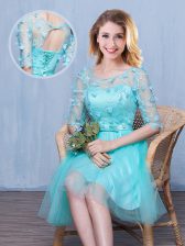  Scoop Half Sleeves Knee Length Lace Up Quinceanera Dama Dress Aqua Blue for Prom and Party and Wedding Party with Lace and Appliques and Bowknot