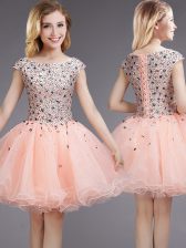 Custom Made Sequins Ball Gowns Damas Dress Pink Bateau Organza Cap Sleeves Mini Length Lace Up