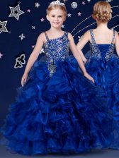 Royal Blue Child Pageant Dress Quinceanera and Wedding Party with Beading and Ruffled Layers Asymmetric Sleeveless Lace Up