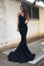 Flirting Mermaid Sleeveless Elastic Woven Satin With Train Sweep Train Zipper Prom Gown in Black with Ruching