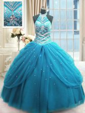  Baby Blue Lace Up 15th Birthday Dress Beading Sleeveless Floor Length