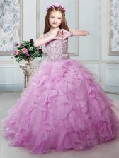  Lilac Ball Gowns Organza V-neck Sleeveless Beading and Ruffles Floor Length Lace Up Little Girl Pageant Dress
