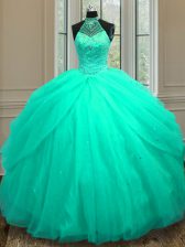  Halter Top Turquoise Lace Up Quinceanera Dresses Beading and Sequins Sleeveless Floor Length