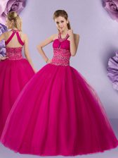  Halter Top Sleeveless Tulle Floor Length Lace Up Ball Gown Prom Dress in Fuchsia with Beading