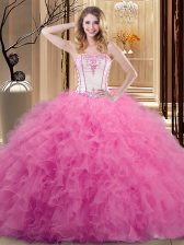 Custom Made Rose Pink Tulle Lace Up Quinceanera Gowns Sleeveless Floor Length Embroidery