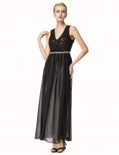  Black Backless V-neck Beading and Pleated Prom Gown Chiffon Sleeveless