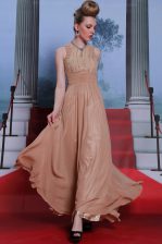 Customized Scoop Sleeveless Chiffon Floor Length Clasp Handle Prom Gown in Peach with Beading and Sequins and Ruching