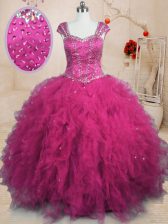 Sumptuous Fuchsia Lace Up Square Beading and Ruffles Quinceanera Dress Tulle Cap Sleeves