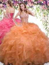 Traditional Orange Ball Gowns Beading and Ruffles Quinceanera Dress Lace Up Organza Sleeveless Floor Length