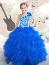  Navy Blue Child Pageant Dress Party and Wedding Party with Embroidery and Ruffles and Hand Made Flower One Shoulder Sleeveless Lace Up