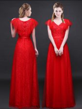 Flirting Lace Red Short Sleeves Floor Length Appliques and Belt Zipper Prom Dress