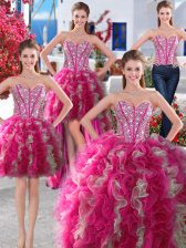 Hot Selling Four Piece Beading Quinceanera Gowns White and Hot Pink Lace Up Sleeveless Floor Length